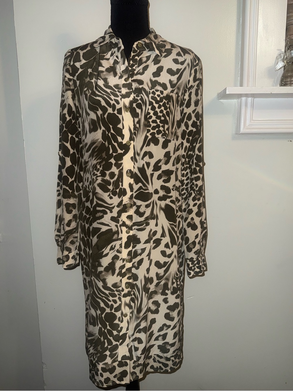 Diane Von Furstenberg Olive and Ivory Animal-Print Long Sleeve Shirt Dress
